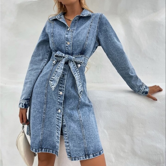Denim Button-Front Belted Dress/Jacket - Medium Wash - Picture 7 of 7